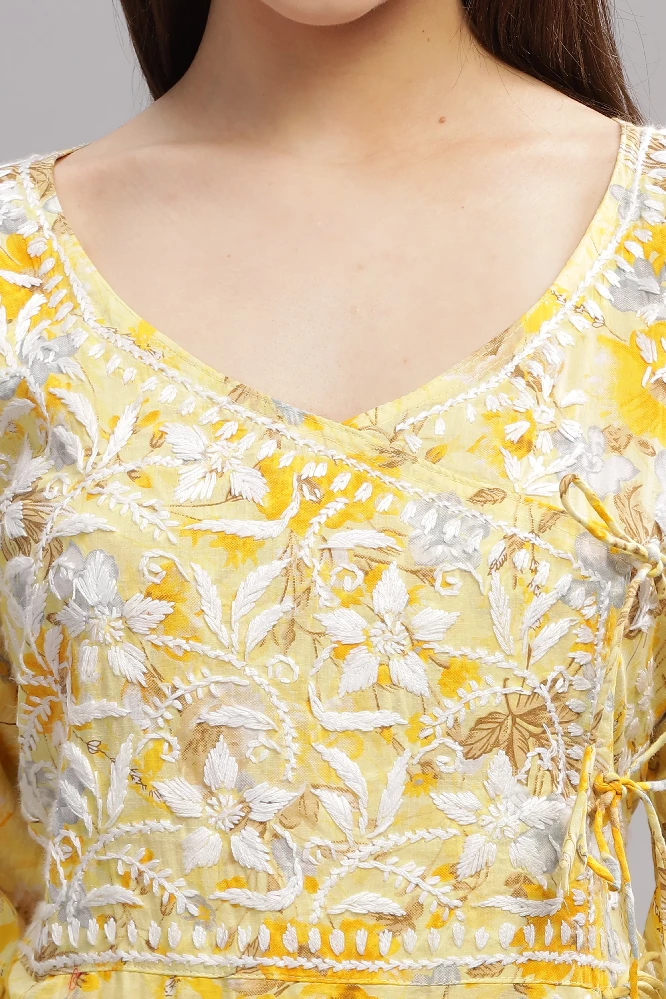 Flowery Yellow Mulmul Cotton Anarkali Gown with White Chikankari Embroidery-7.webp